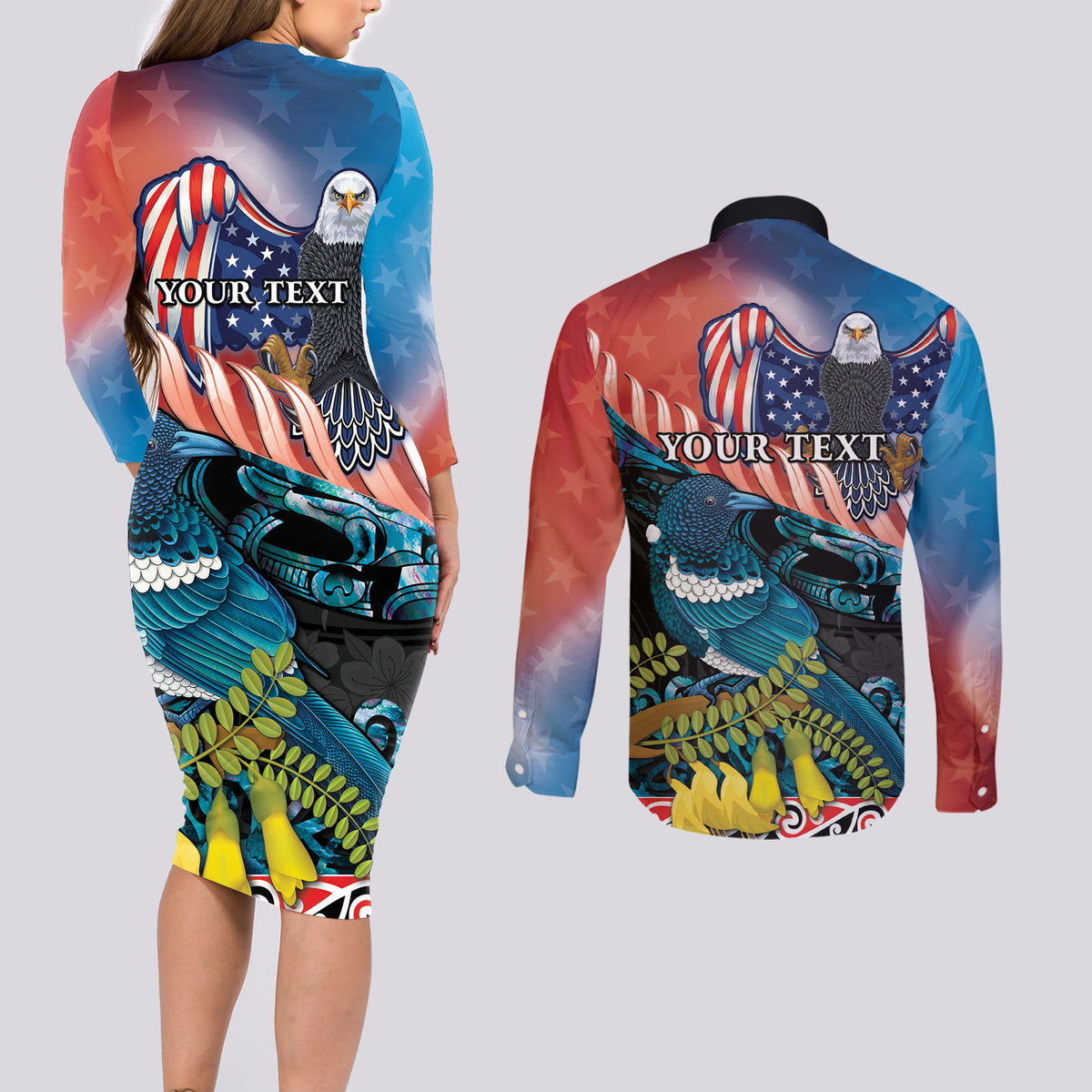 Personalised United States And New Zealand Couples Matching Long Sleeve Bodycon Dress and Long Sleeve Button Shirt USA Eagle With Kowhai Aotearoa Tui Bird
