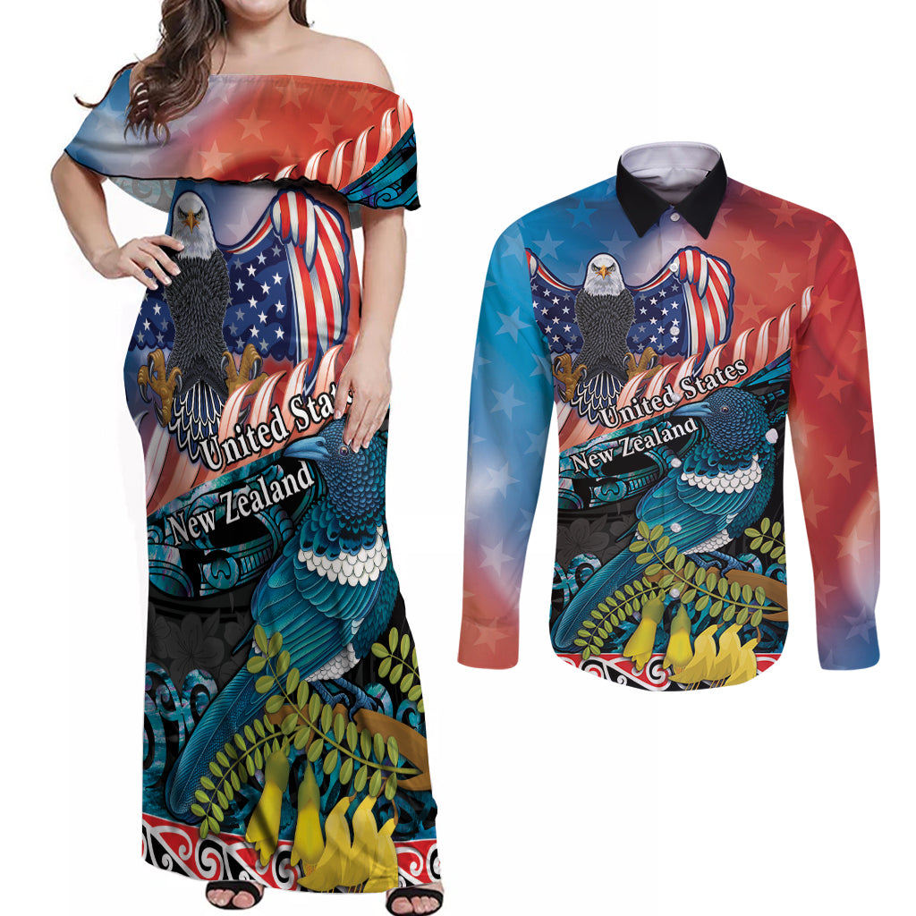 Personalised United States And New Zealand Couples Matching Off Shoulder Maxi Dress and Long Sleeve Button Shirt USA Eagle With Kowhai Aotearoa Tui Bird