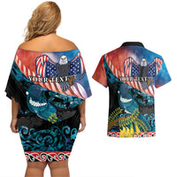 Personalised United States And New Zealand Couples Matching Off Shoulder Short Dress and Hawaiian Shirt USA Eagle With Kowhai Aotearoa Tui Bird