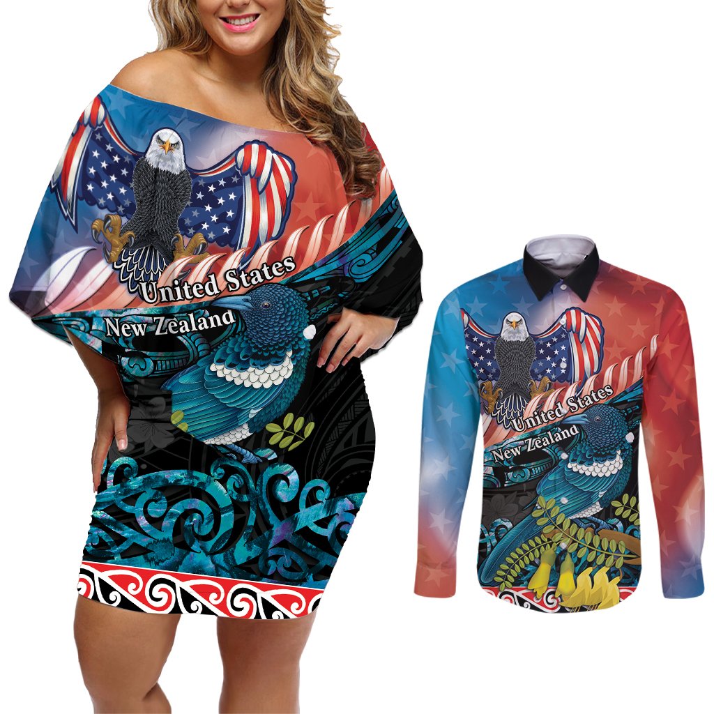 Personalised United States And New Zealand Couples Matching Off Shoulder Short Dress and Long Sleeve Button Shirt USA Eagle With Kowhai Aotearoa Tui Bird