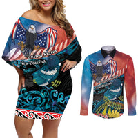Personalised United States And New Zealand Couples Matching Off Shoulder Short Dress and Long Sleeve Button Shirt USA Eagle With Kowhai Aotearoa Tui Bird