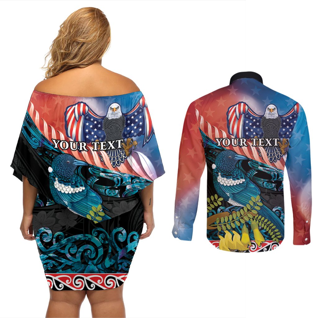 Personalised United States And New Zealand Couples Matching Off Shoulder Short Dress and Long Sleeve Button Shirt USA Eagle With Kowhai Aotearoa Tui Bird