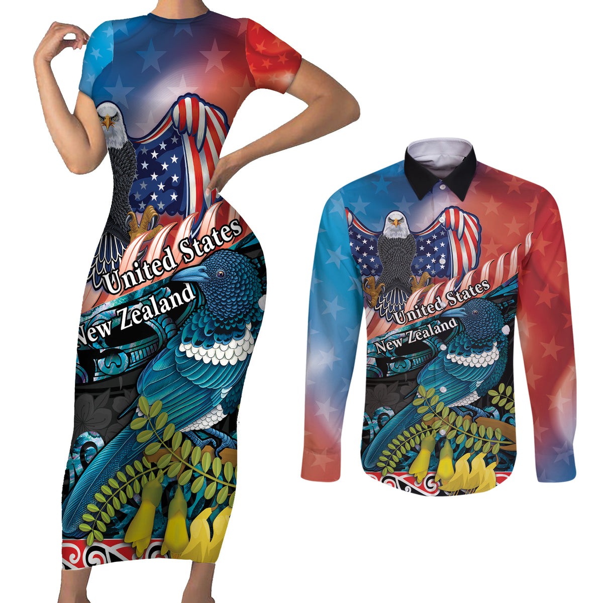 Personalised United States And New Zealand Couples Matching Short Sleeve Bodycon Dress and Long Sleeve Button Shirt USA Eagle With Kowhai Aotearoa Tui Bird