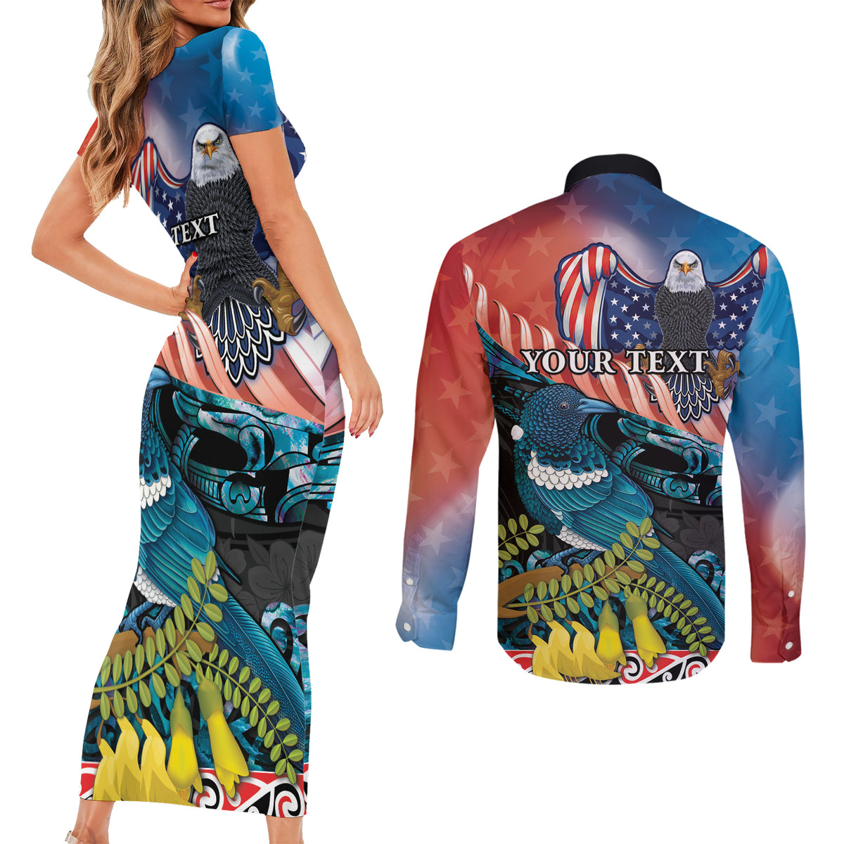 Personalised United States And New Zealand Couples Matching Short Sleeve Bodycon Dress and Long Sleeve Button Shirt USA Eagle With Kowhai Aotearoa Tui Bird