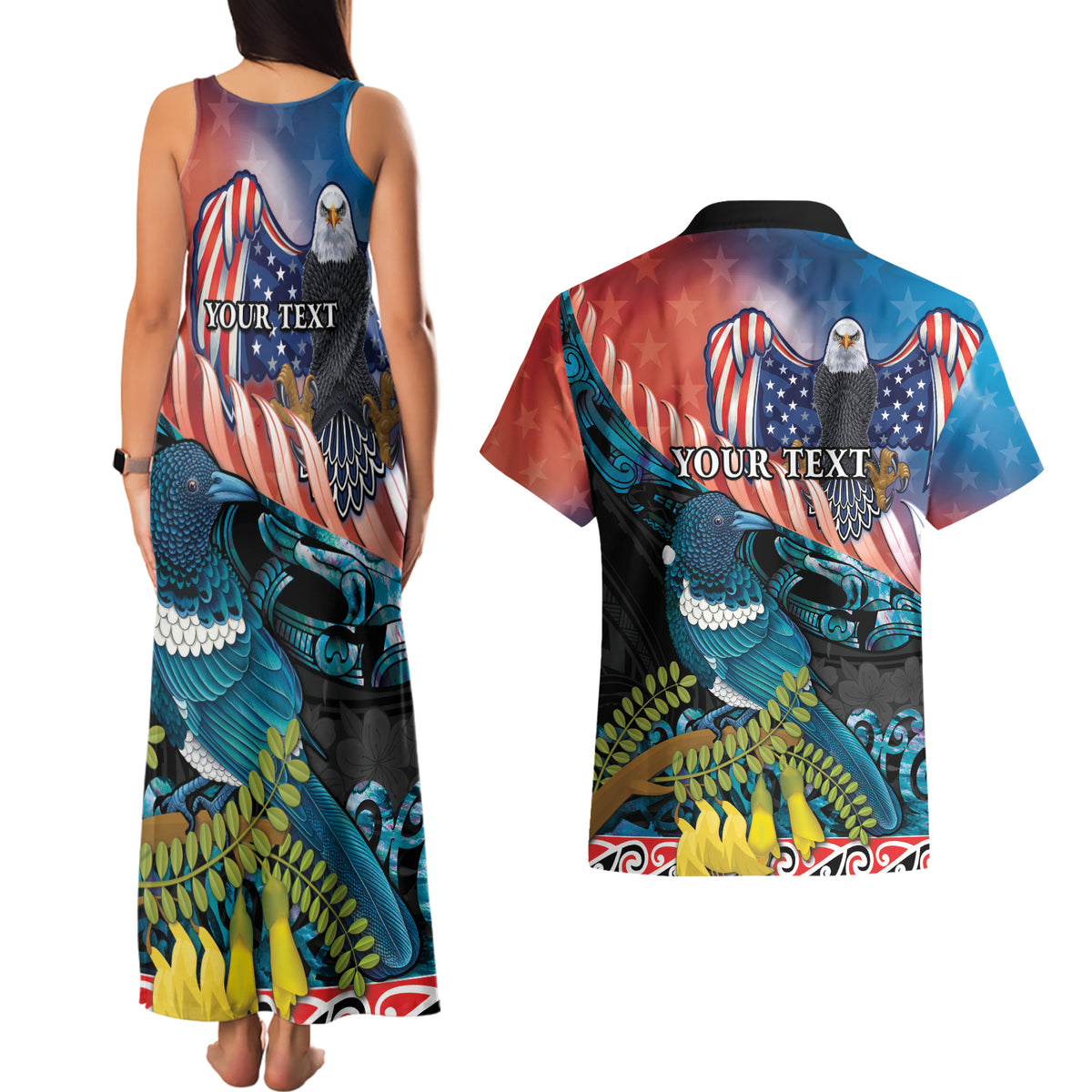 Personalised United States And New Zealand Couples Matching Tank Maxi Dress and Hawaiian Shirt USA Eagle With Kowhai Aotearoa Tui Bird