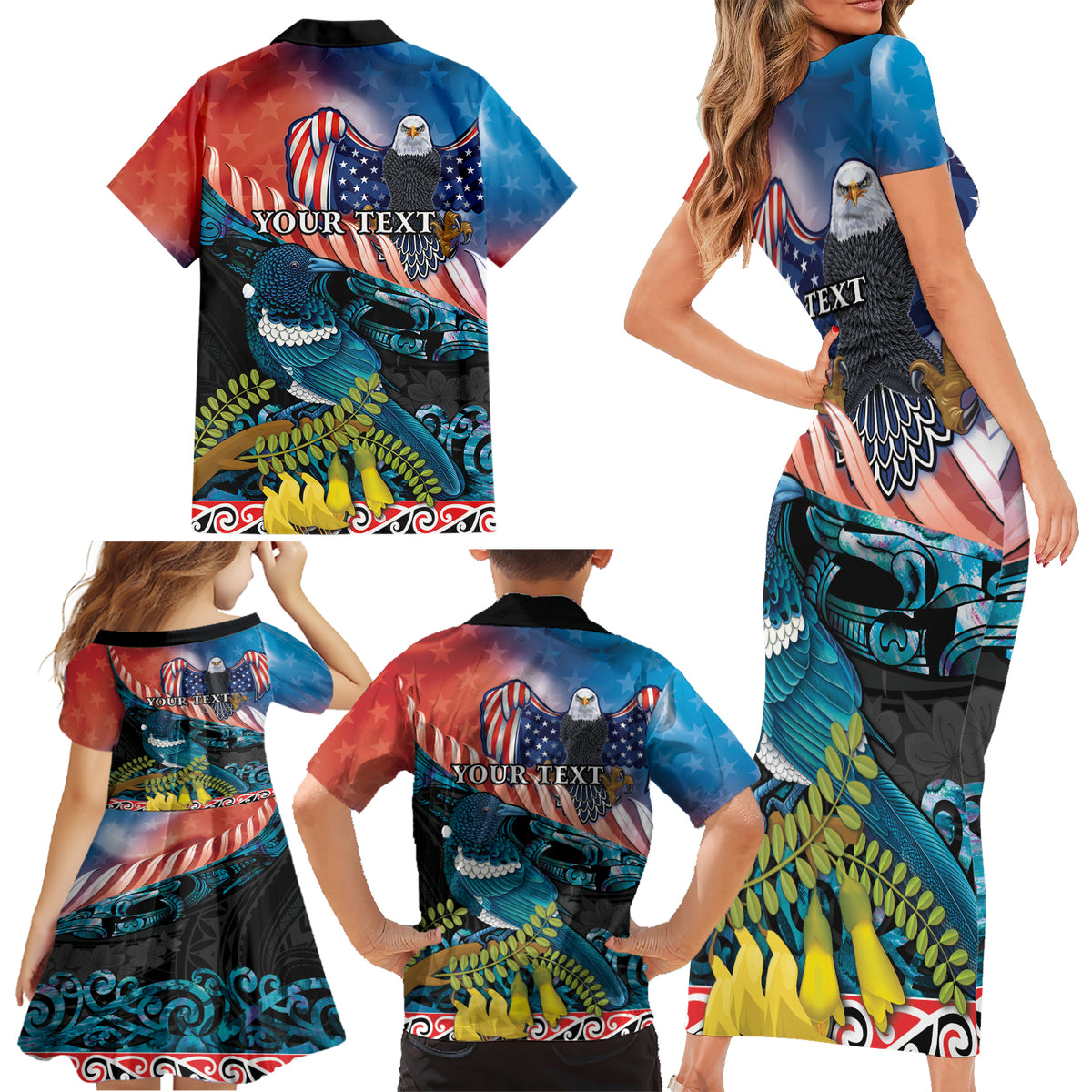 Personalised United States And New Zealand Family Matching Short Sleeve Bodycon Dress and Hawaiian Shirt USA Eagle With Kowhai Aotearoa Tui Bird