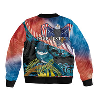Personalised United States And New Zealand Sleeve Zip Bomber Jacket USA Eagle With Kowhai Aotearoa Tui Bird