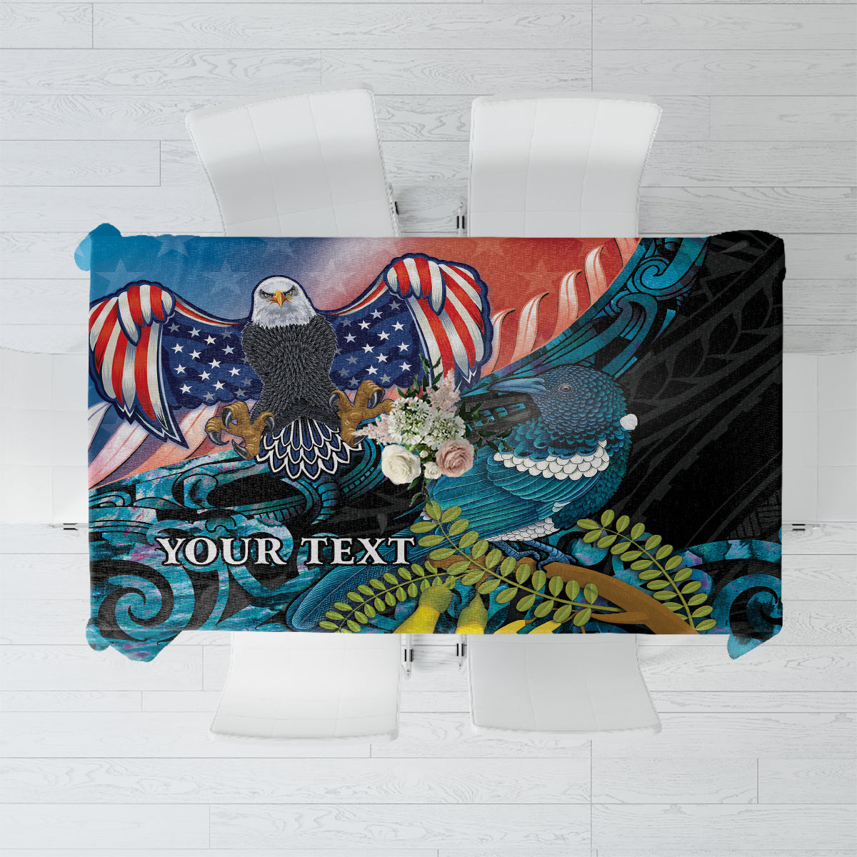 Personalised United States And New Zealand Tablecloth USA Eagle With Kowhai Aotearoa Tui Bird LT14 Blue - Polynesian Pride
