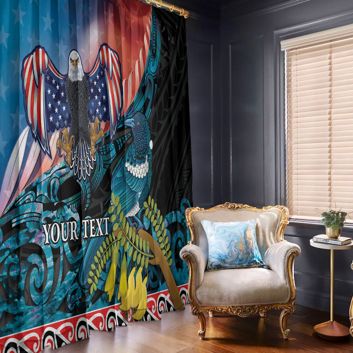 Personalised United States And New Zealand Window Curtain USA Eagle With Kowhai Aotearoa Tui Bird
