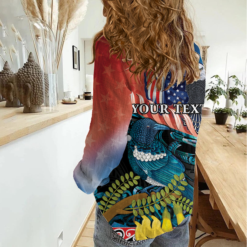 Personalised United States And New Zealand Women Casual Shirt USA Eagle With Kowhai Aotearoa Tui Bird