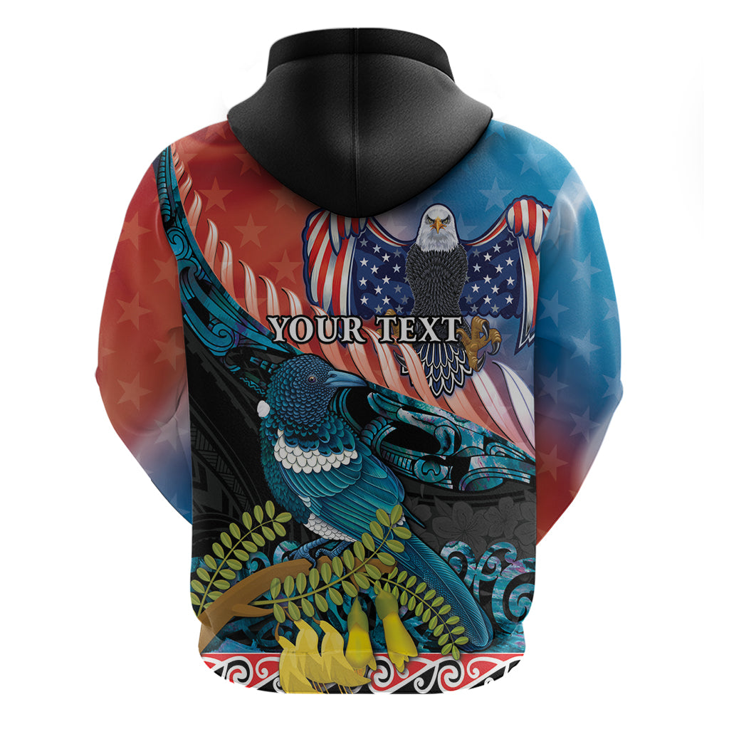Personalised United States And New Zealand Zip Hoodie USA Eagle With Kowhai Aotearoa Tui Bird