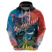 Personalised United States And New Zealand Zip Hoodie USA Eagle With Kowhai Aotearoa Tui Bird