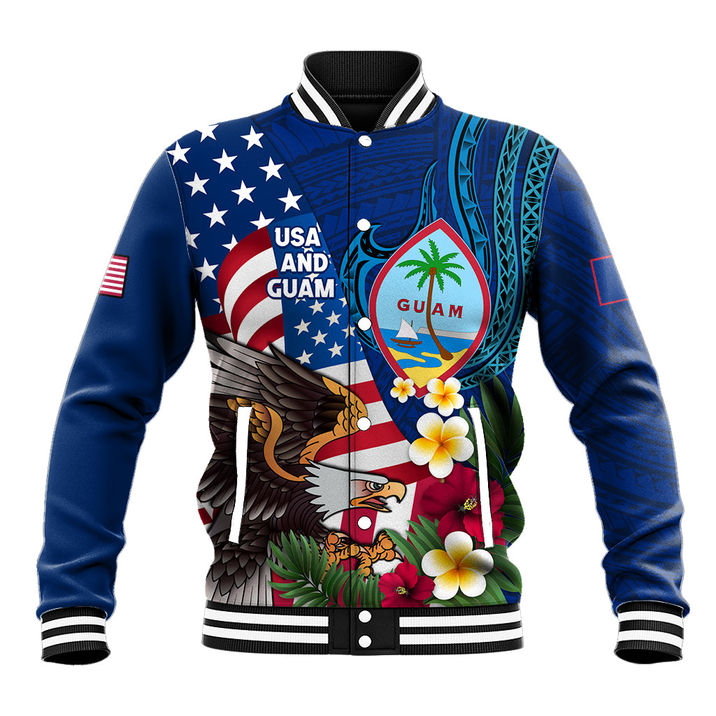 Personalised United States And Guam Baseball Jacket USA Eagle With Guahan Seal Tropical Vibes LT14 Unisex Blue - Polynesian Pride