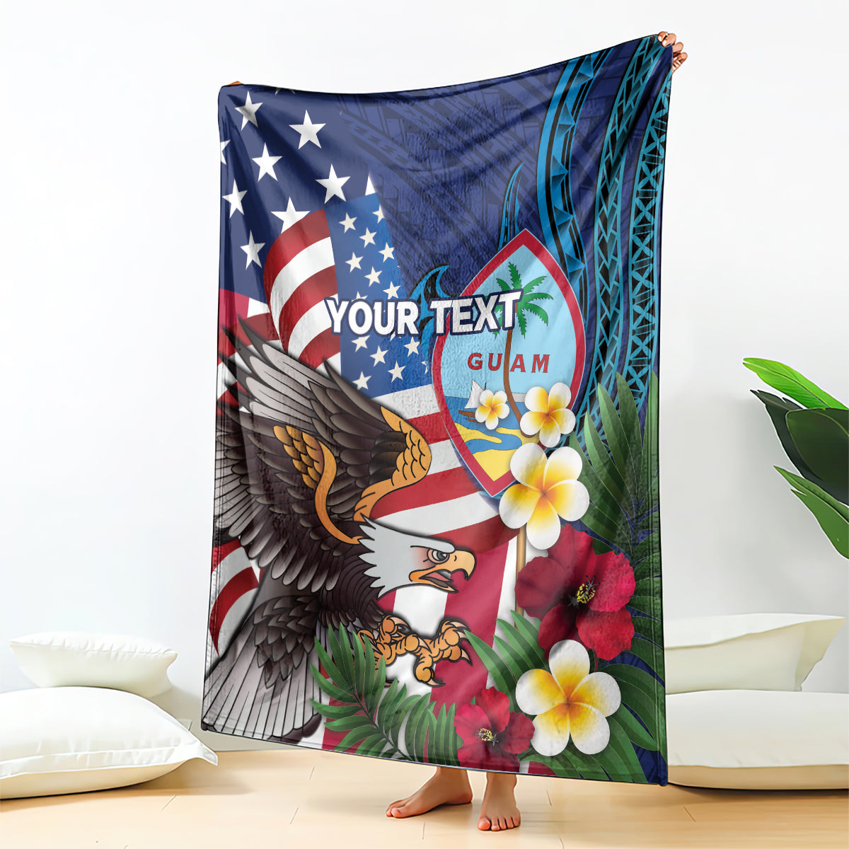Personalised United States And Guam Blanket USA Eagle With Guahan Seal Tropical Vibes