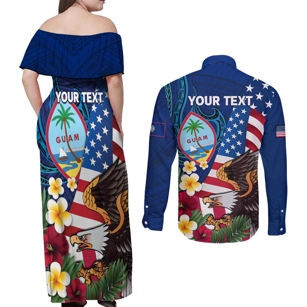 Personalised United States And Guam Couples Matching Off Shoulder Maxi Dress and Long Sleeve Button Shirt USA Eagle With Guahan Seal Tropical Vibes