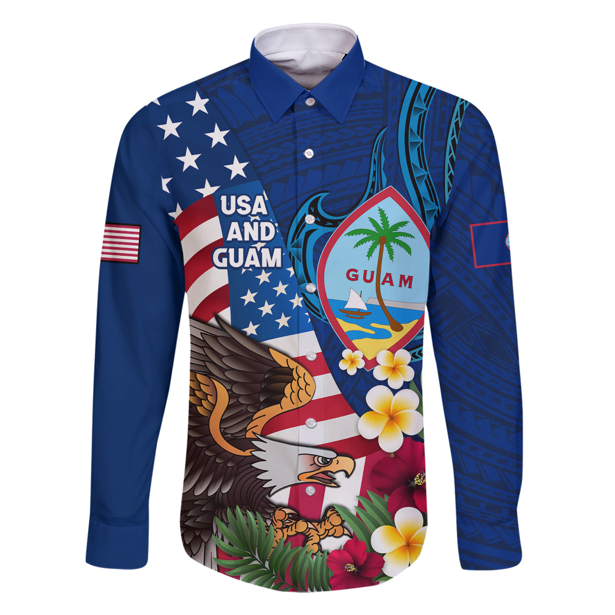 Personalised United States And Guam Family Matching Off Shoulder Maxi Dress and Hawaiian Shirt USA Eagle With Guahan Seal Tropical Vibes
