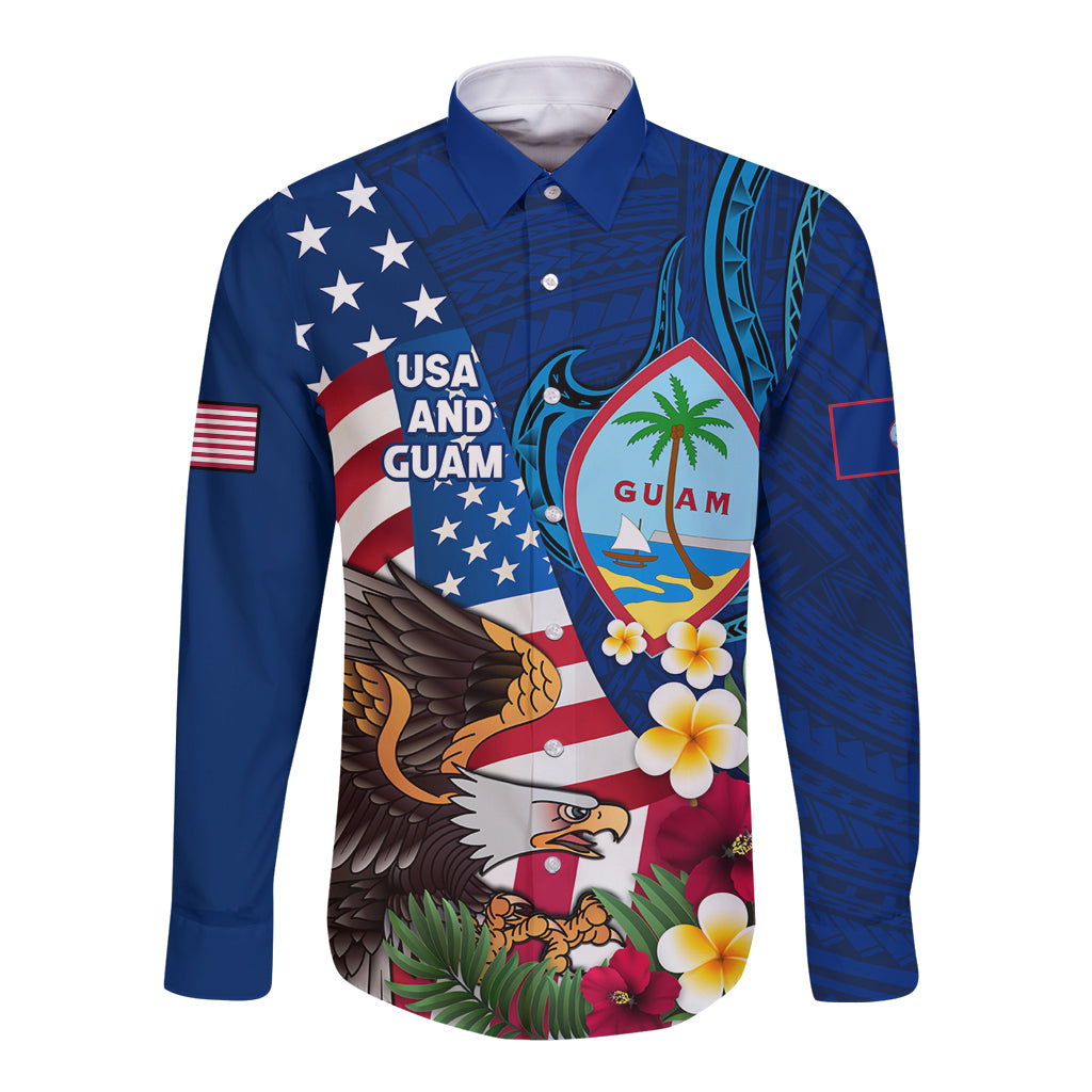 Personalised United States And Guam Long Sleeve Button Shirt USA Eagle With Guahan Seal Tropical Vibes LT14 Unisex Blue - Polynesian Pride
