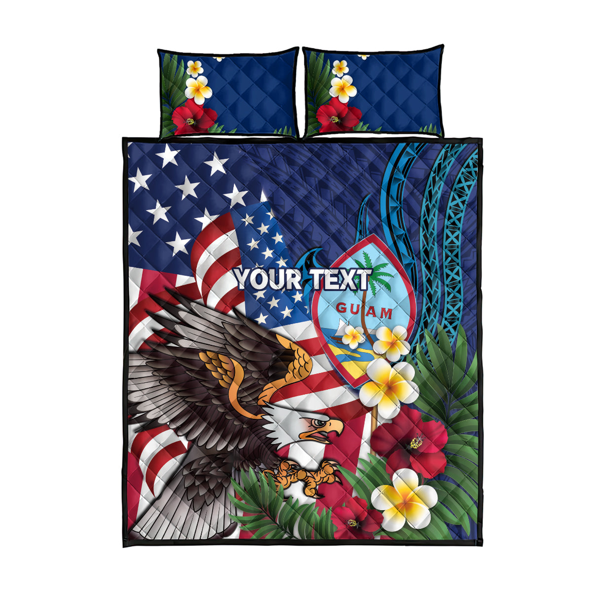 Personalised United States And Guam Quilt Bed Set USA Eagle With Guahan Seal Tropical Vibes