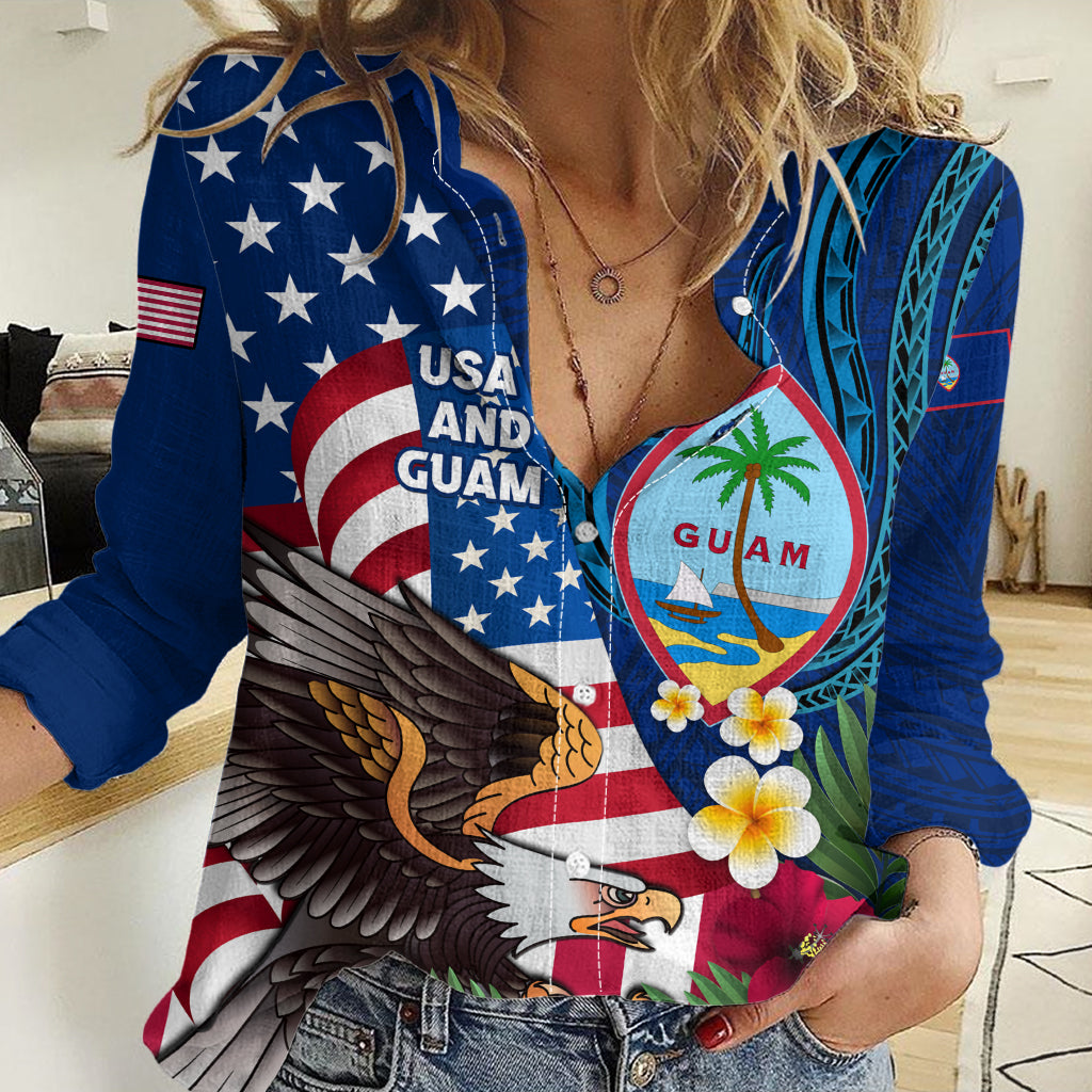 Personalised United States And Guam Women Casual Shirt USA Eagle With Guahan Seal Tropical Vibes
