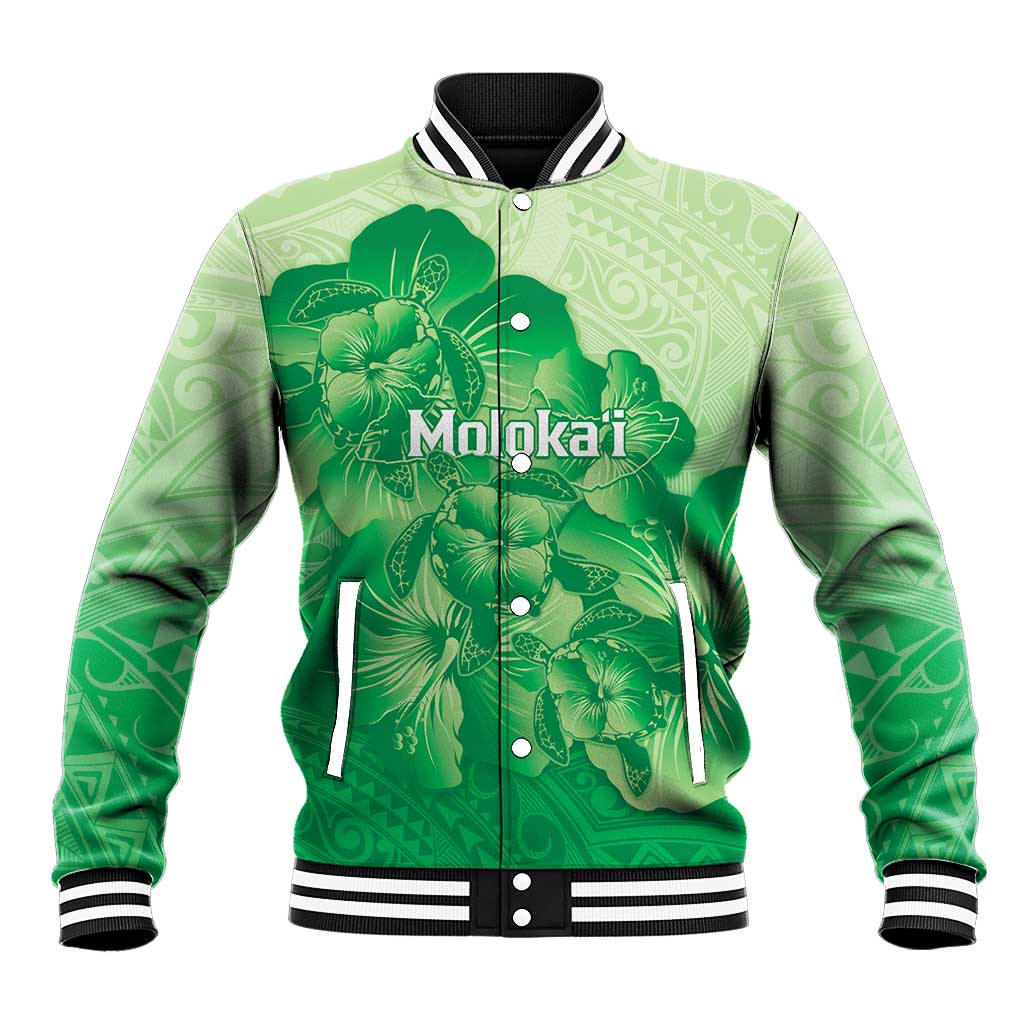 Aloha Hawaii Molokai Island Baseball Jacket Hibiscus Tribal Honu Hawaiian Tattoo Green LT14 Unisex Green - Polynesian Pride
