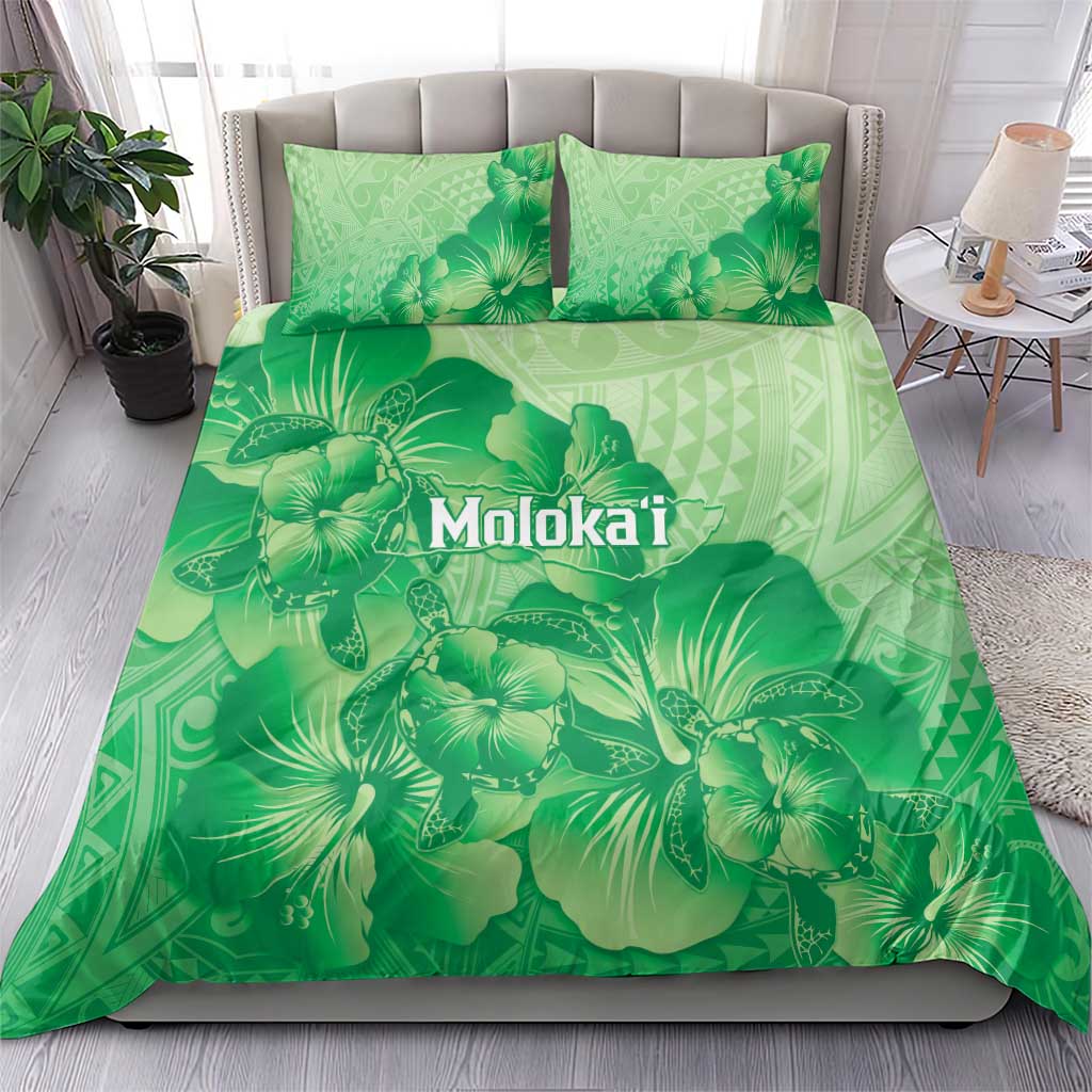 Aloha Hawaii Molokai Island Bedding Set Hibiscus Tribal Honu Hawaiian Tattoo Green