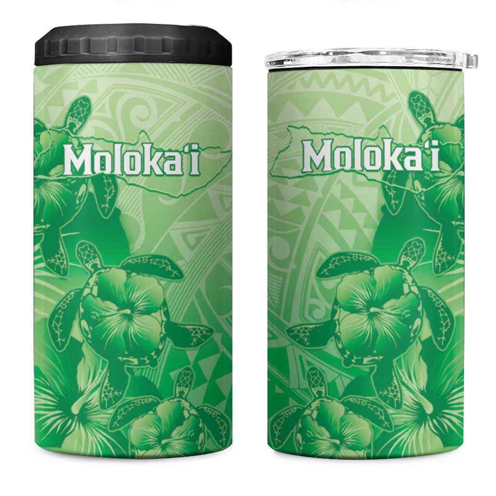Aloha Hawaii Molokai Island 4 in 1 Can Cooler Tumbler Hibiscus Tribal Honu Hawaiian Tattoo Green