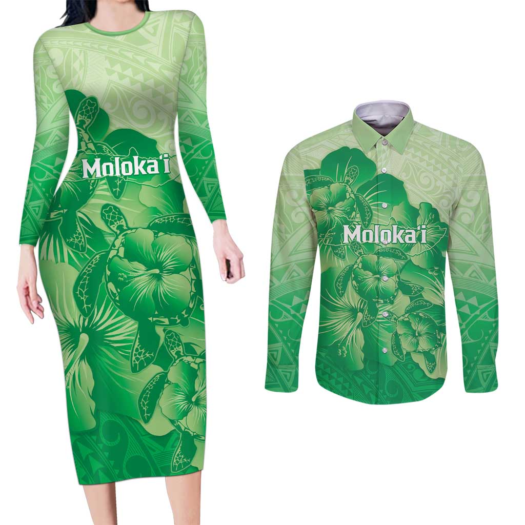 Aloha Hawaii Molokai Island Couples Matching Long Sleeve Bodycon Dress and Long Sleeve Button Shirt Hibiscus Tribal Honu Hawaiian Tattoo Green