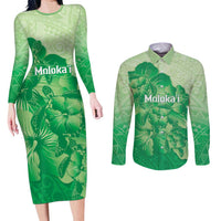 Aloha Hawaii Molokai Island Couples Matching Long Sleeve Bodycon Dress and Long Sleeve Button Shirt Hibiscus Tribal Honu Hawaiian Tattoo Green
