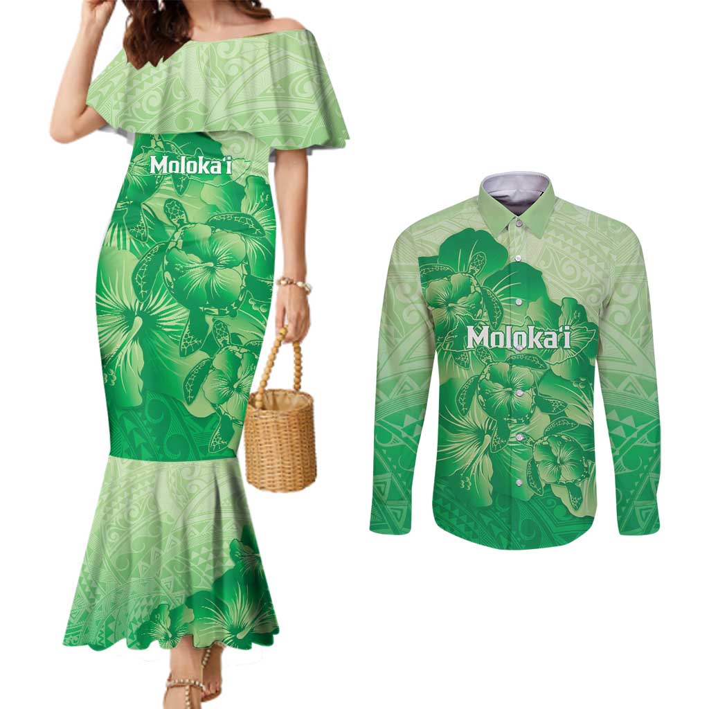 Aloha Hawaii Molokai Island Couples Matching Mermaid Dress and Long Sleeve Button Shirt Hibiscus Tribal Honu Hawaiian Tattoo Green