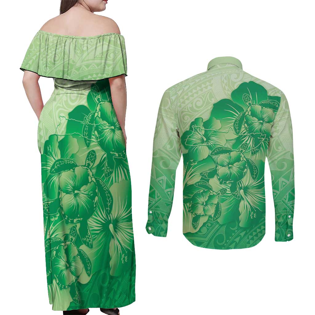 Aloha Hawaii Molokai Island Couples Matching Off Shoulder Maxi Dress and Long Sleeve Button Shirt Hibiscus Tribal Honu Hawaiian Tattoo Green