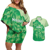 Aloha Hawaii Molokai Island Couples Matching Off Shoulder Short Dress and Hawaiian Shirt Hibiscus Tribal Honu Hawaiian Tattoo Green