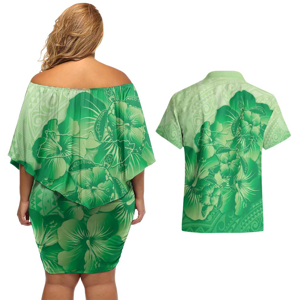 Aloha Hawaii Molokai Island Couples Matching Off Shoulder Short Dress and Hawaiian Shirt Hibiscus Tribal Honu Hawaiian Tattoo Green