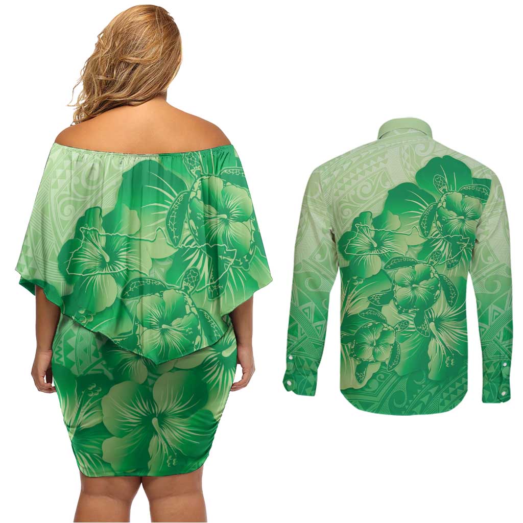 Aloha Hawaii Molokai Island Couples Matching Off Shoulder Short Dress and Long Sleeve Button Shirt Hibiscus Tribal Honu Hawaiian Tattoo Green