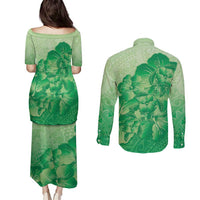 Aloha Hawaii Molokai Island Couples Matching Puletasi and Long Sleeve Button Shirt Hibiscus Tribal Honu Hawaiian Tattoo Green