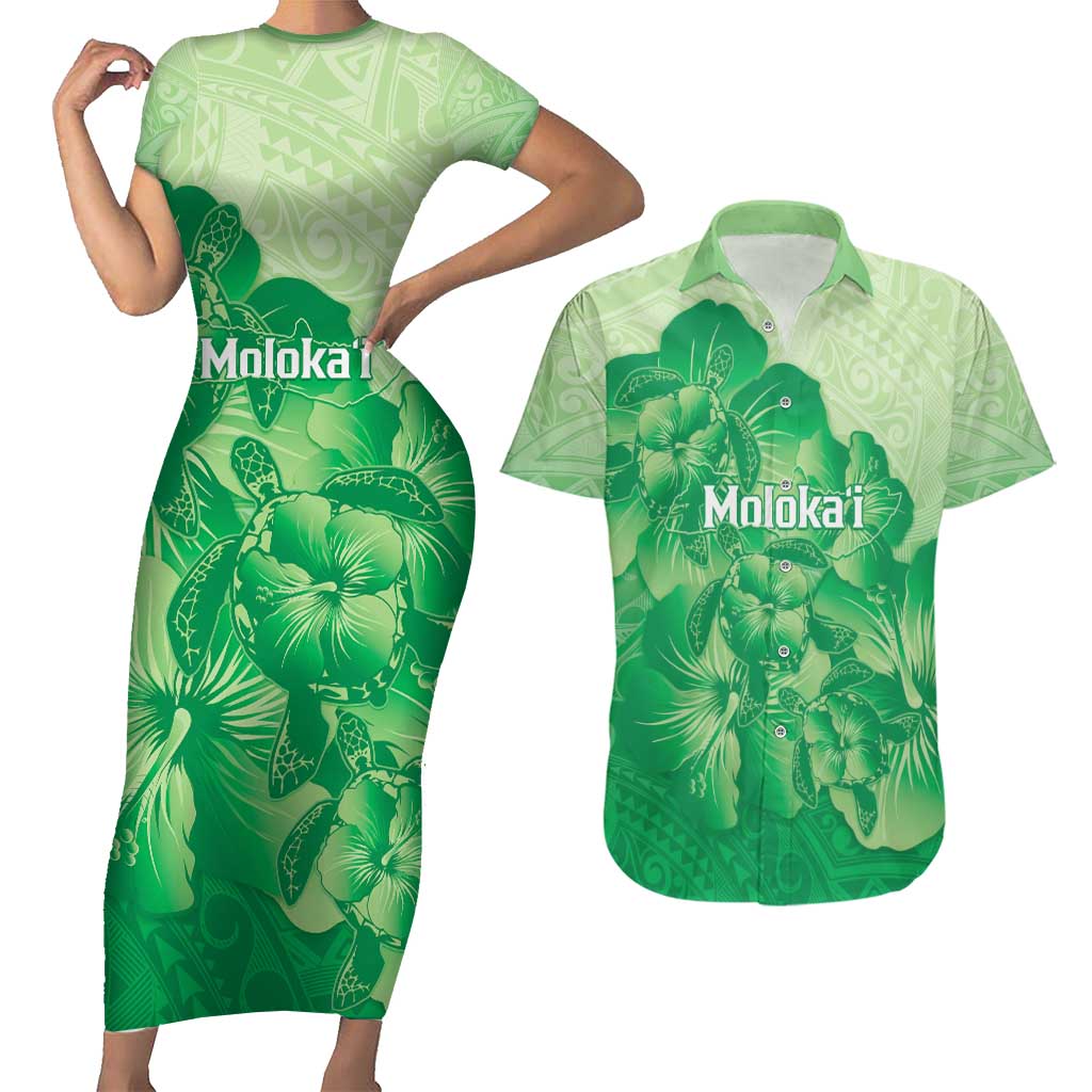Aloha Hawaii Molokai Island Couples Matching Short Sleeve Bodycon Dress and Hawaiian Shirt Hibiscus Tribal Honu Hawaiian Tattoo Green