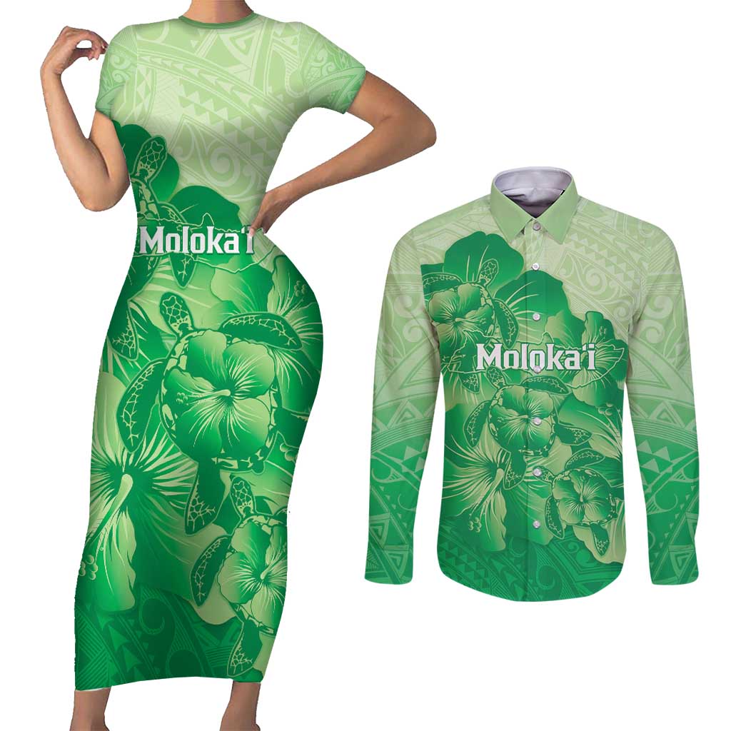 Aloha Hawaii Molokai Island Couples Matching Short Sleeve Bodycon Dress and Long Sleeve Button Shirt Hibiscus Tribal Honu Hawaiian Tattoo Green