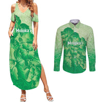 Aloha Hawaii Molokai Island Couples Matching Summer Maxi Dress and Long Sleeve Button Shirt Hibiscus Tribal Honu Hawaiian Tattoo Green