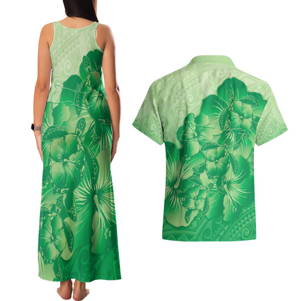 Aloha Hawaii Molokai Island Couples Matching Tank Maxi Dress and Hawaiian Shirt Hibiscus Tribal Honu Hawaiian Tattoo Green