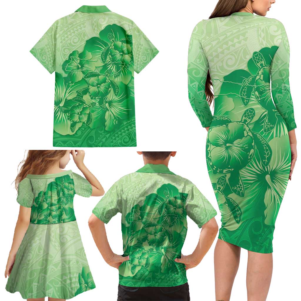 Aloha Hawaii Molokai Island Family Matching Long Sleeve Bodycon Dress and Hawaiian Shirt Hibiscus Tribal Honu Hawaiian Tattoo Green