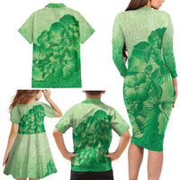 Aloha Hawaii Molokai Island Family Matching Long Sleeve Bodycon Dress and Hawaiian Shirt Hibiscus Tribal Honu Hawaiian Tattoo Green