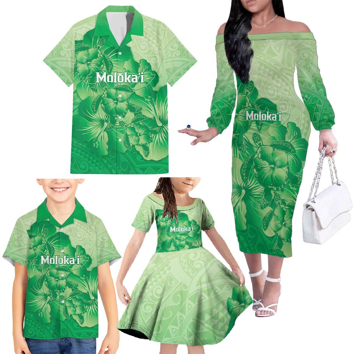 Aloha Hawaii Molokai Island Family Matching Off The Shoulder Long Sleeve Dress and Hawaiian Shirt Hibiscus Tribal Honu Hawaiian Tattoo Green