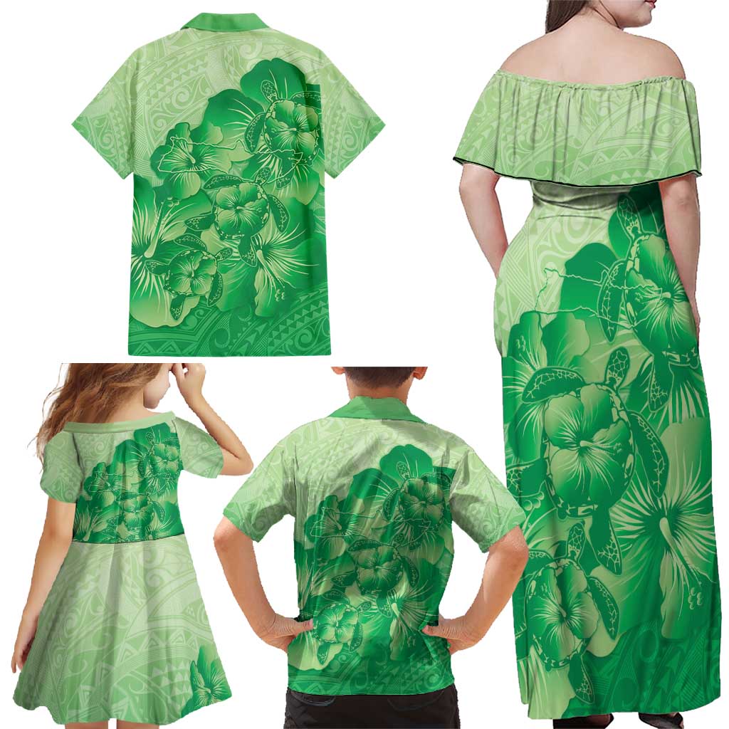 Aloha Hawaii Molokai Island Family Matching Off Shoulder Maxi Dress and Hawaiian Shirt Hibiscus Tribal Honu Hawaiian Tattoo Green