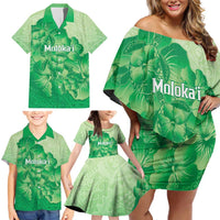 Aloha Hawaii Molokai Island Family Matching Off Shoulder Short Dress and Hawaiian Shirt Hibiscus Tribal Honu Hawaiian Tattoo Green