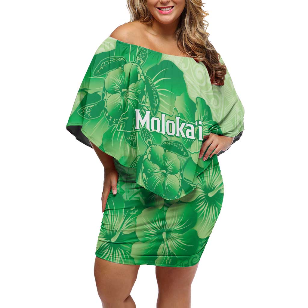 Aloha Hawaii Molokai Island Family Matching Off Shoulder Short Dress and Hawaiian Shirt Hibiscus Tribal Honu Hawaiian Tattoo Green