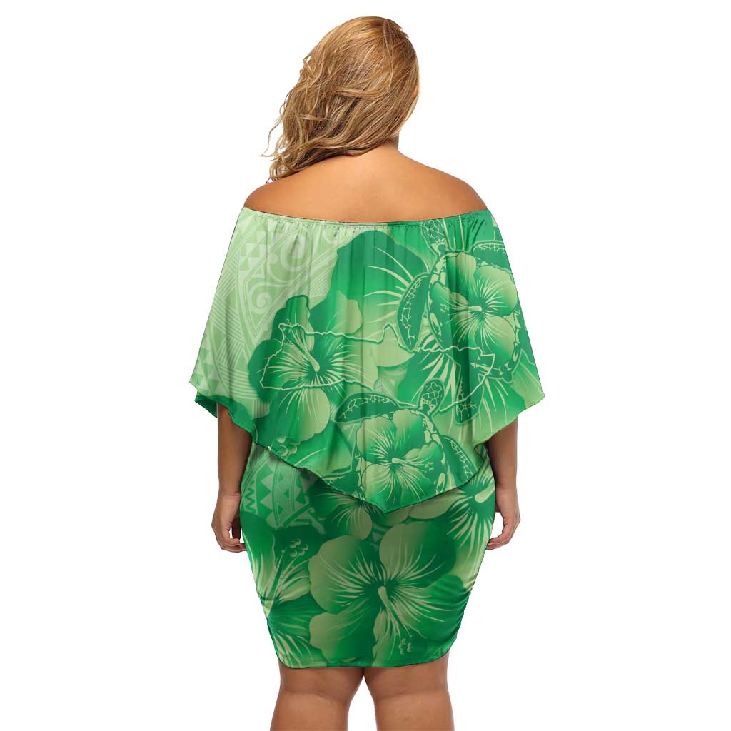 Aloha Hawaii Molokai Island Family Matching Off Shoulder Short Dress and Hawaiian Shirt Hibiscus Tribal Honu Hawaiian Tattoo Green