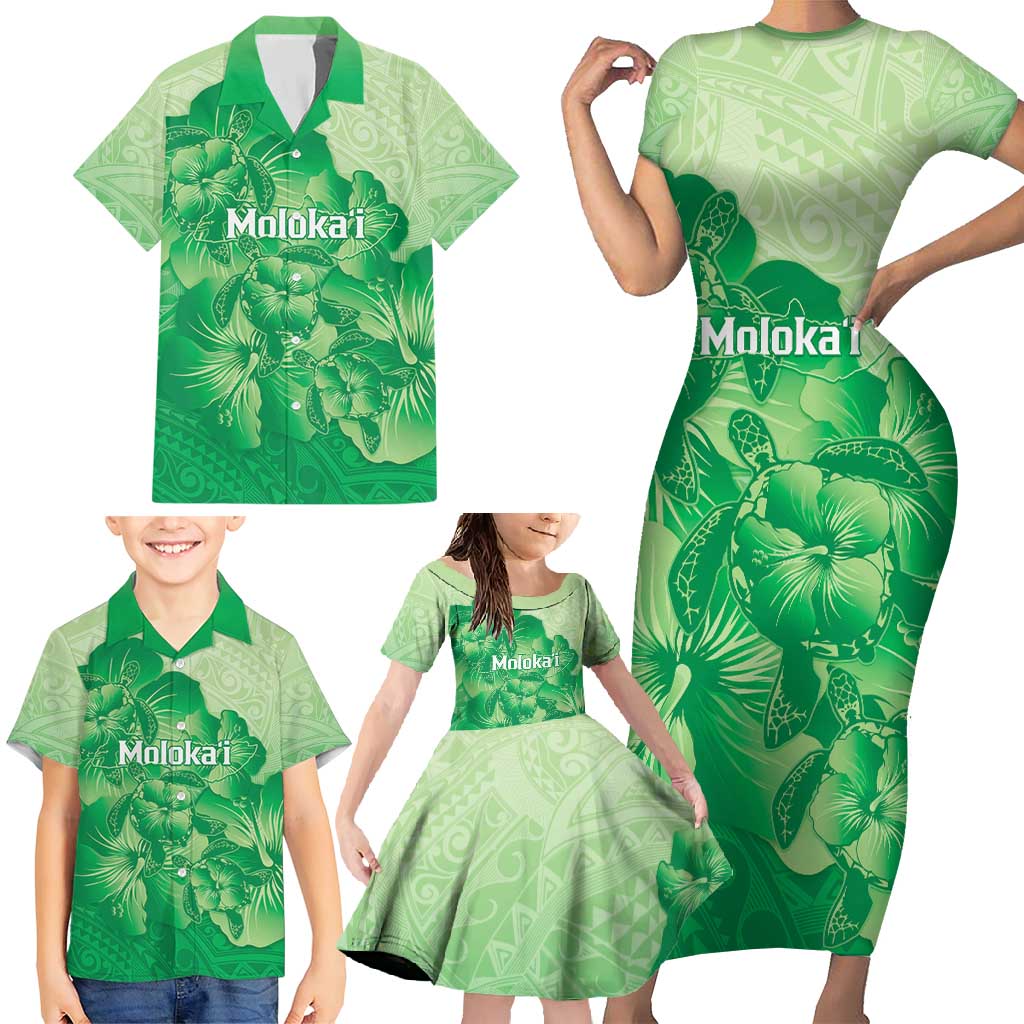 Aloha Hawaii Molokai Island Family Matching Short Sleeve Bodycon Dress and Hawaiian Shirt Hibiscus Tribal Honu Hawaiian Tattoo Green
