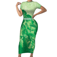 Aloha Hawaii Molokai Island Family Matching Short Sleeve Bodycon Dress and Hawaiian Shirt Hibiscus Tribal Honu Hawaiian Tattoo Green