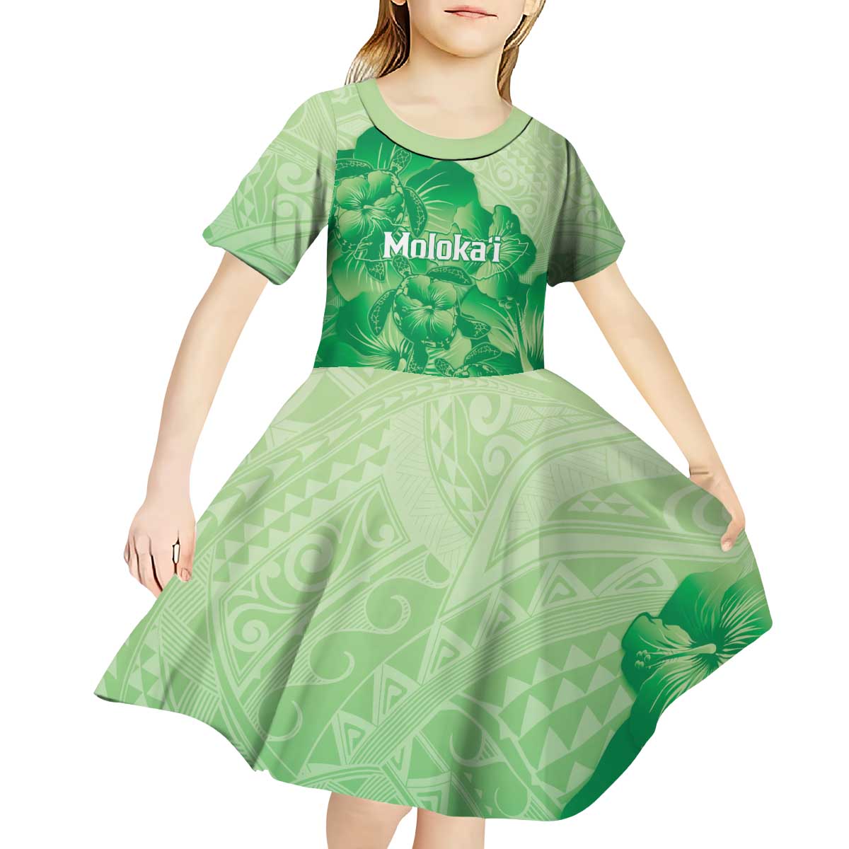 Aloha Hawaii Molokai Island Kid Short Sleeve Dress Hibiscus Tribal Honu Hawaiian Tattoo Green
