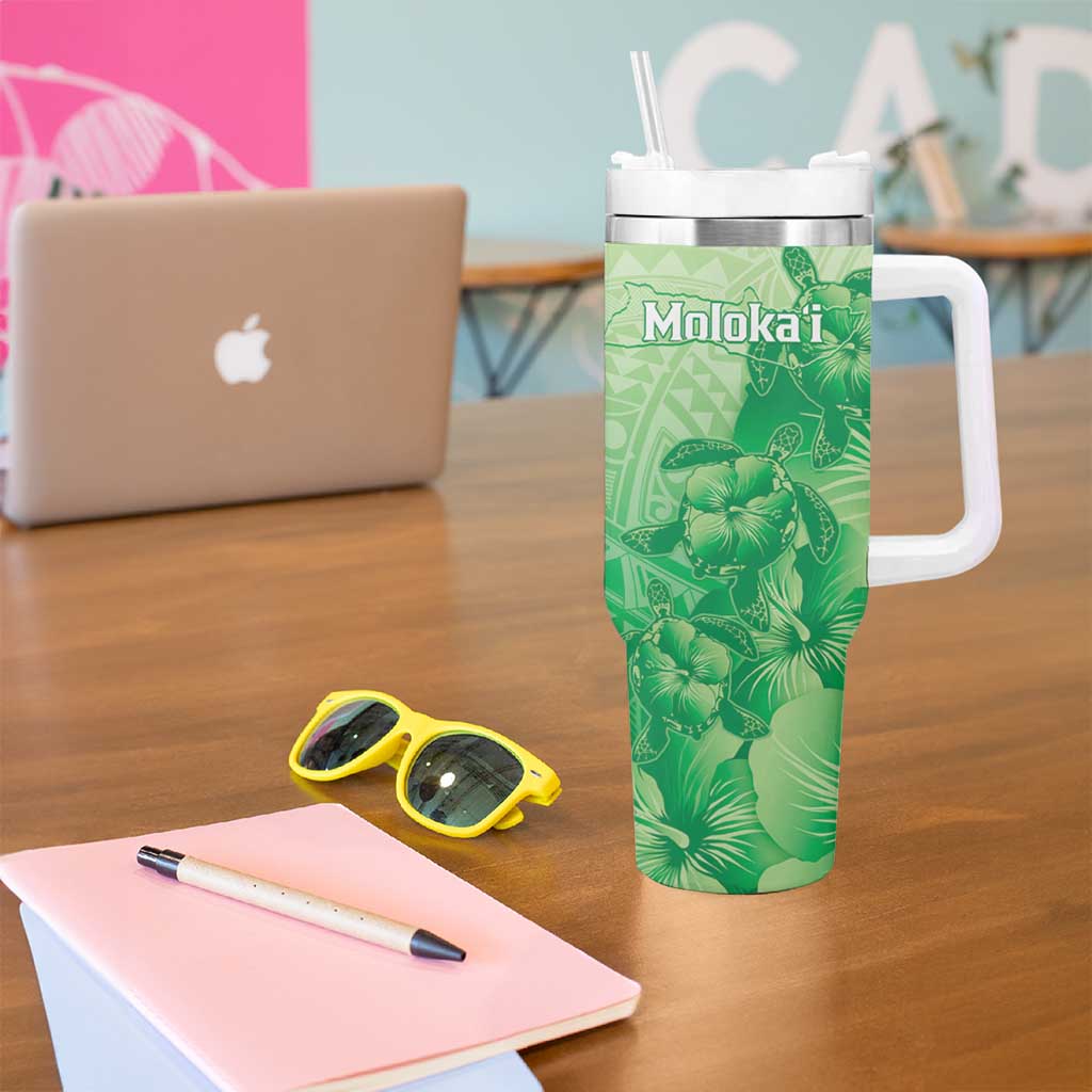 Aloha Hawaii Molokai Island Tumbler With Handle Hibiscus Tribal Honu Hawaiian Tattoo Green