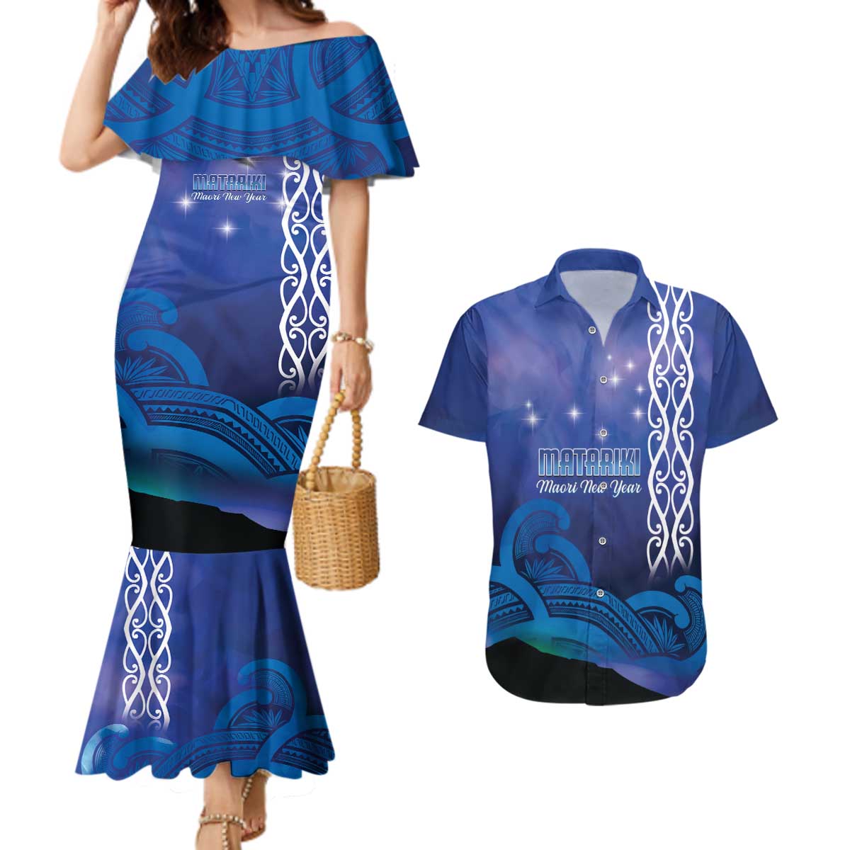 Personalised Matariki New Zealand Couples Matching Mermaid Dress and Hawaiian Shirt Maori New Year Galaxy Koru Pattern